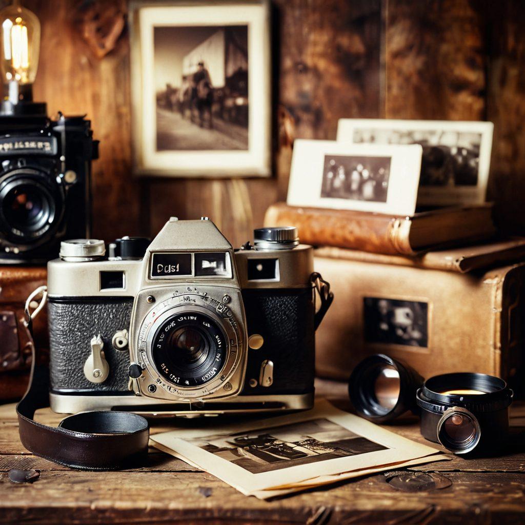 A stunning vintage camera set against a backdrop of classic photography equipment, including film rolls and old photographs spread out on a rustic wooden table. Soft, warm lighting to evoke a nostalgic atmosphere, with hints of sepia tone and grainy texture reflecting the essence of vintage photography. The scene should feel inviting and inspire curiosity about the art of photography. super-realistic. warm tones. rustic aesthetic.