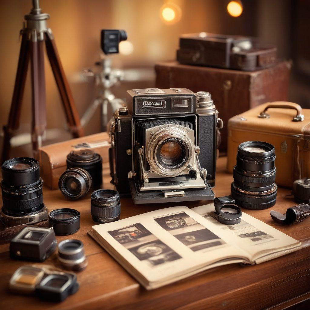 A vintage film camera surrounded by various classic photography accessories like light meters, film rolls, and tripods. The background features soft, nostalgic hues of warm browns and golds, evoking a sense of nostalgia and creativity. Include an open photo album displaying iconic photographs taken with vintage cameras. Add artistic bokeh effects to enhance the magical feel. super-realistic. warm color palette. soft focus.