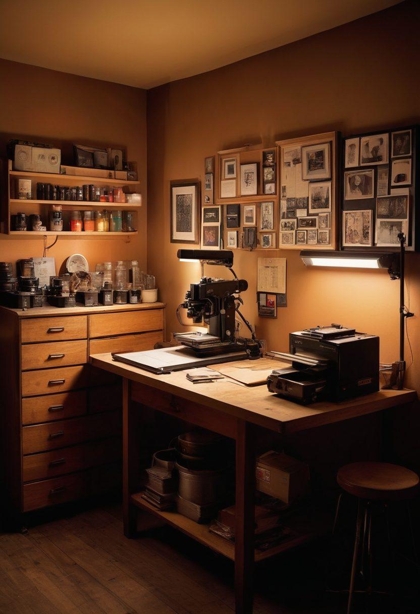 A vintage darkroom filled with film photography tools, including an enlarger, developing trays, and assorted film rolls. On one side, there's a bright display area showcasing beautifully framed photographs, evoking nostalgia. Soft ambient lighting enhances the warm tones of the wooden workbench and equipment, creating a contrast between the darkroom and the display space. Incorporate textures of film and paper for depth. super-realistic. warm colors. soft lighting.
